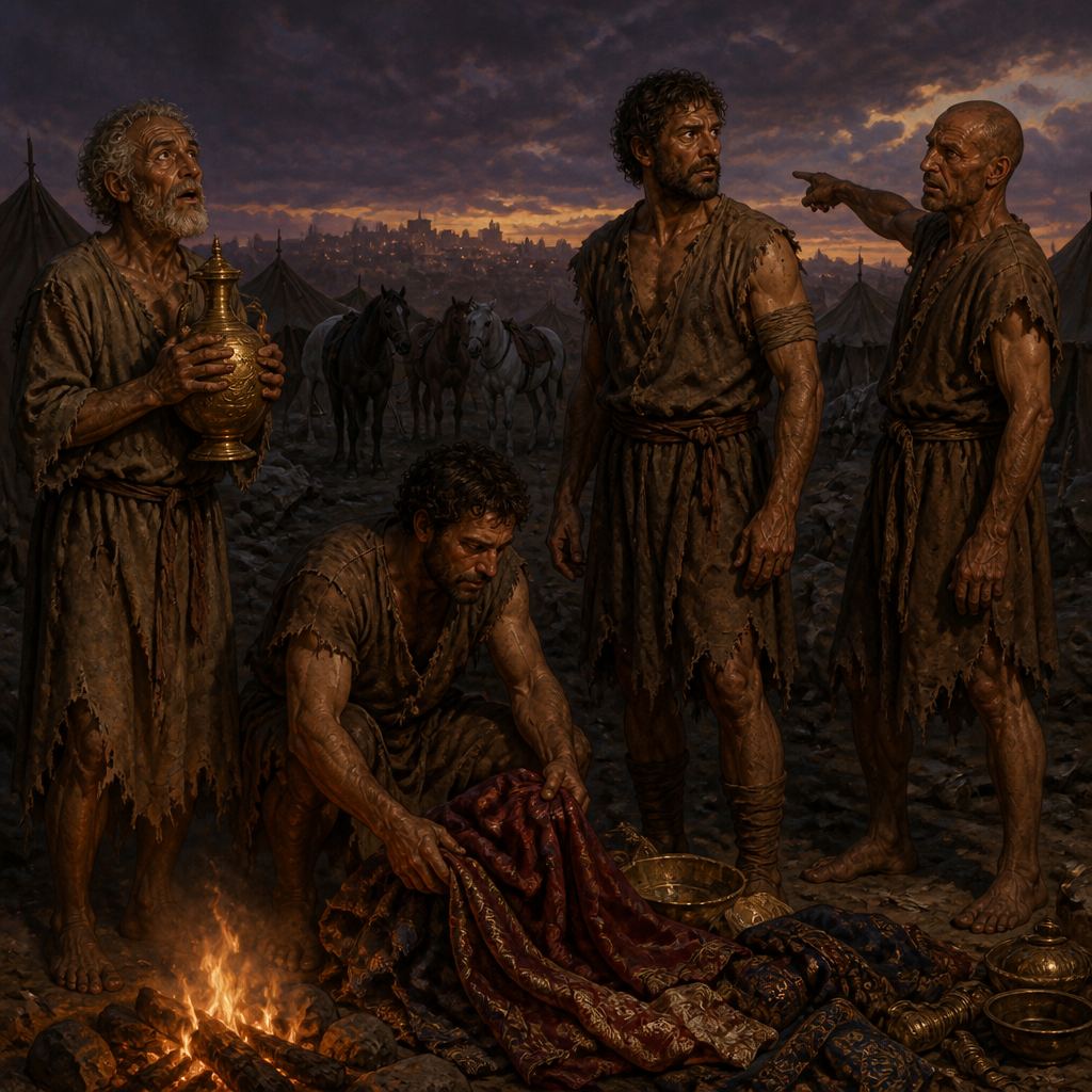 Oil-painting style portrait of The Four Lepers of Samaria, Outcasts who discovered the abandoned Aramean camp and brought news of deliverance to Samaria
