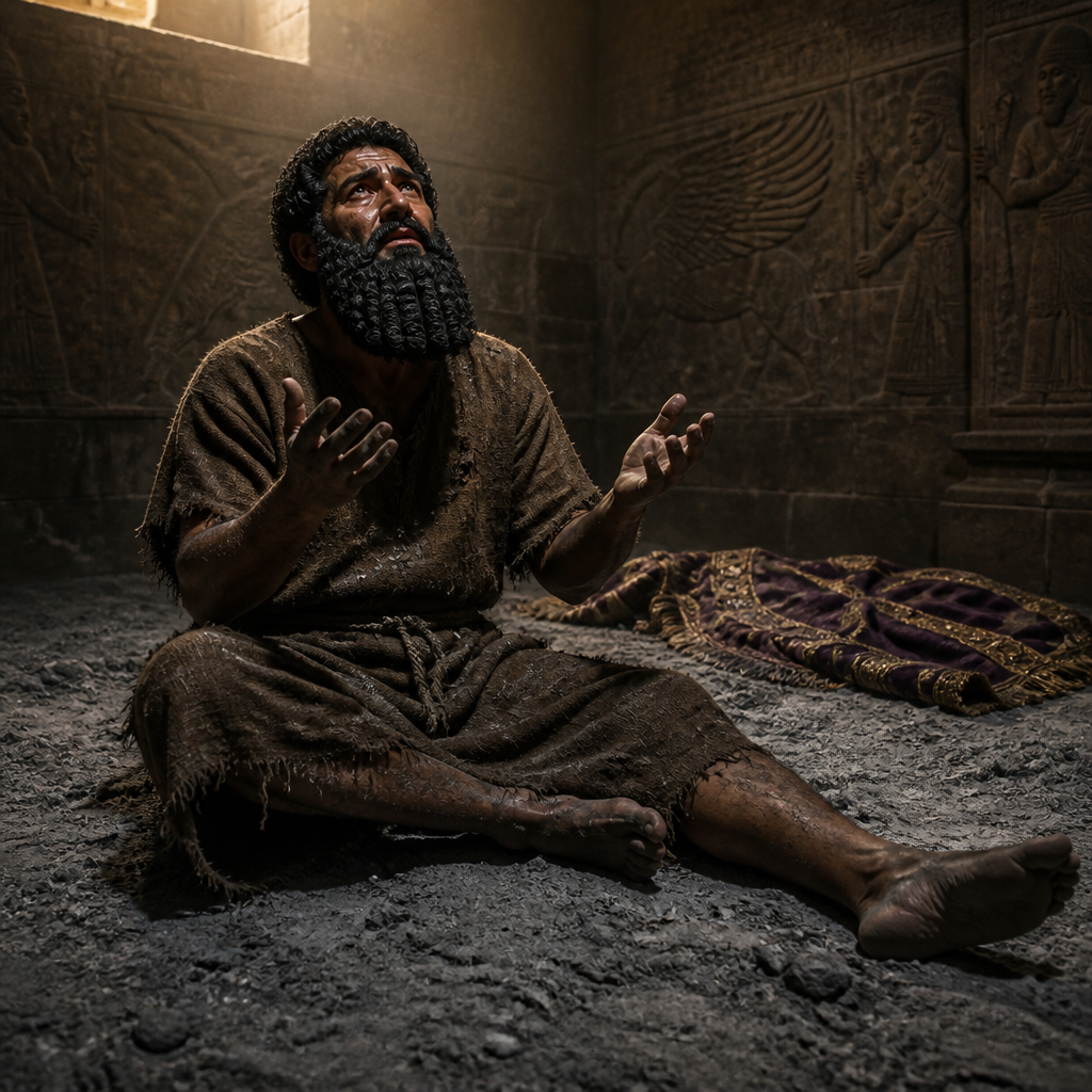 Oil-painting style portrait of The King of Nineveh, King who led Nineveh in national repentance after Jonah's prophecy