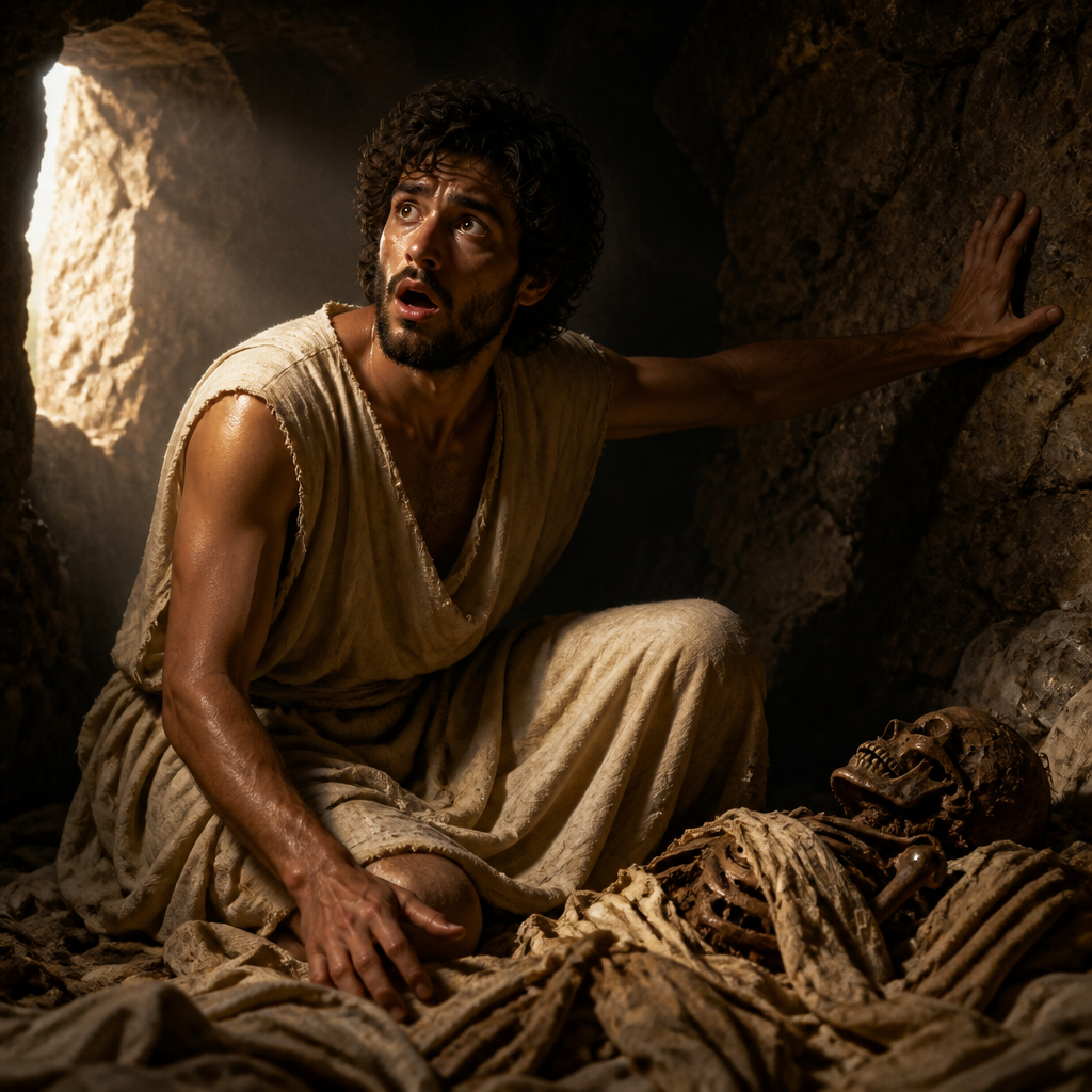 Oil-painting style portrait of The Man Revived in Elisha's Tomb, anonymous Israelite who was resurrected after touching Elisha's bones