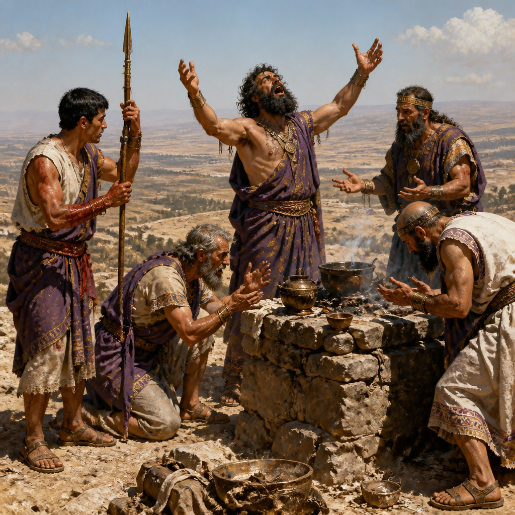 Oil-painting style scene of The Prophets of Baal, figures from the Bible