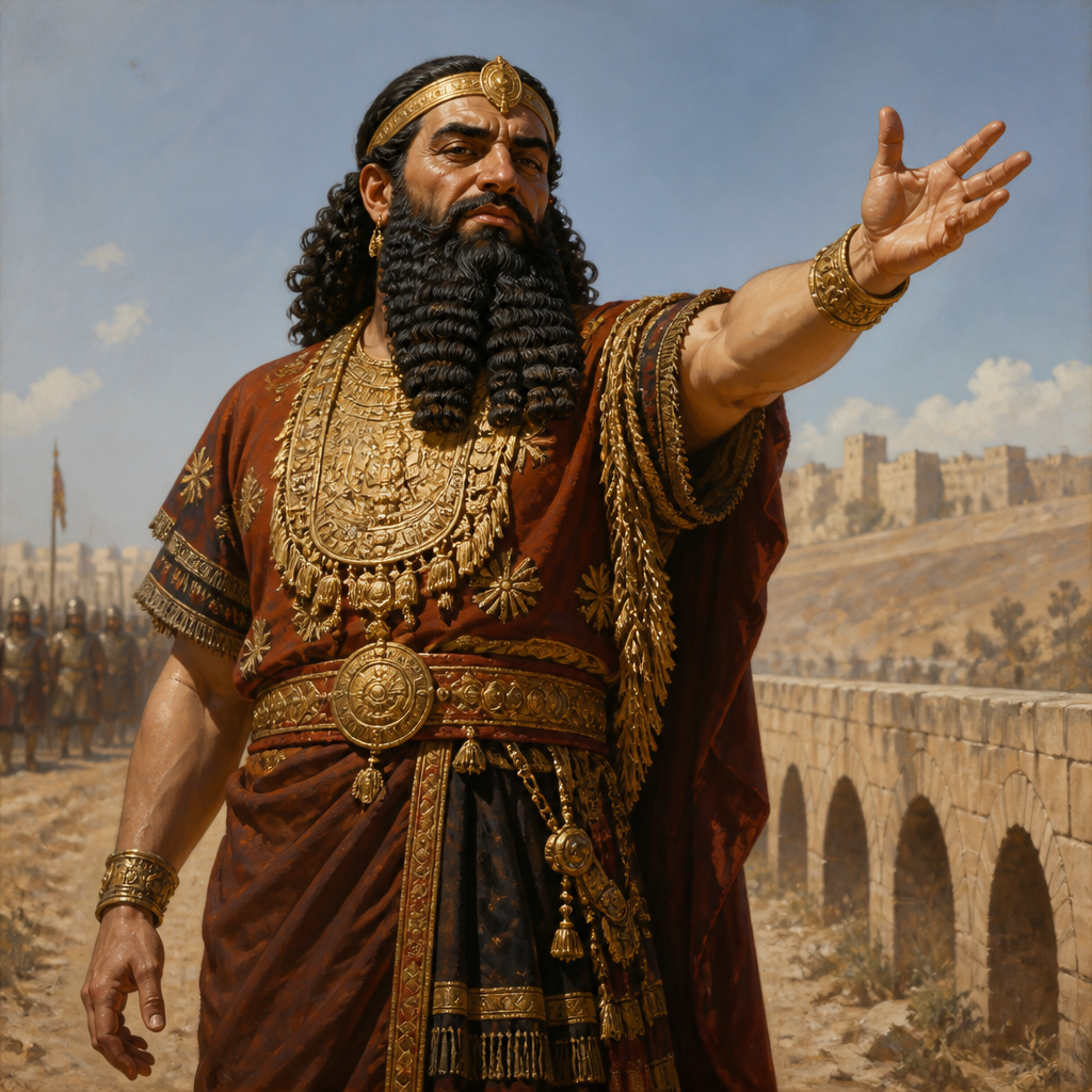 Oil-painting style portrait of The Rabshakeh, Assyrian official who mocked God and threatened Jerusalem during Hezekiah's reign