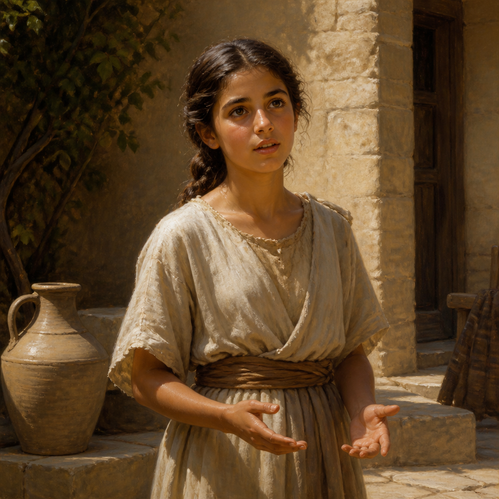 Oil-painting style portrait of The Servant Girl of Naaman's Wife, Young Israelite captive who informed Naaman about the prophet Elisha's power to heal