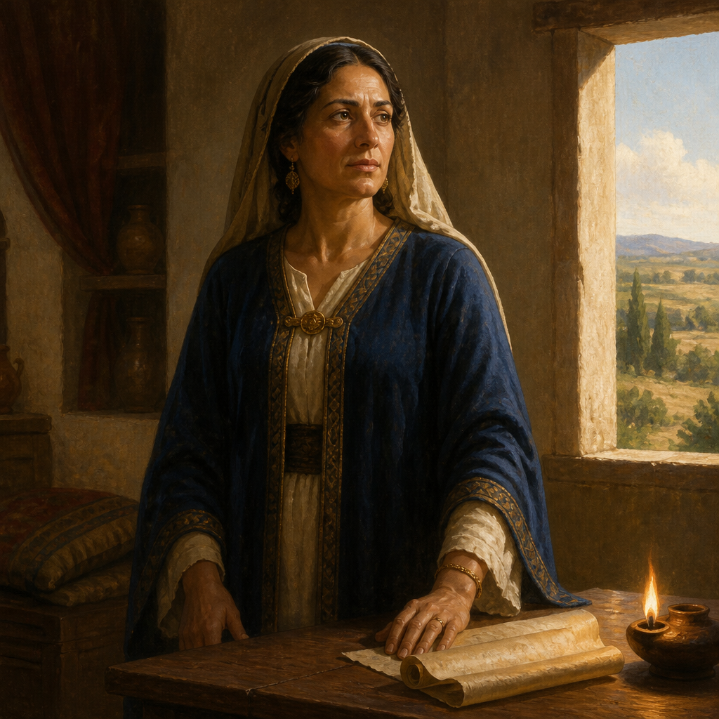 Oil-painting style portrait of The Shunammite Woman, Prominent woman of Shunem who provided an upper room for Elisha and whose son was raised from the dead