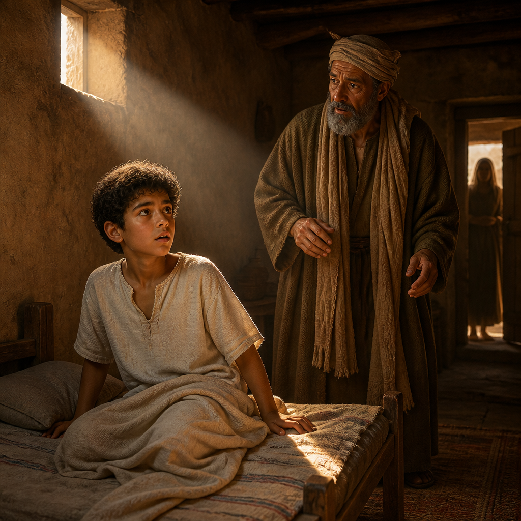 Oil-painting style portrait of The Son of the Shunammite Woman, Son of a prominent woman who was miraculously raised from the death by the prophet Elisha