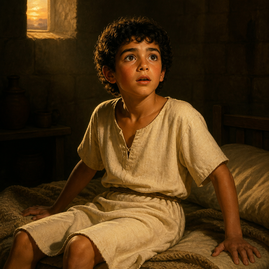 Oil-painting style portrait of The Son of the Widow of Zarephath, Boy who was raised from the dead by the prophet Elijah