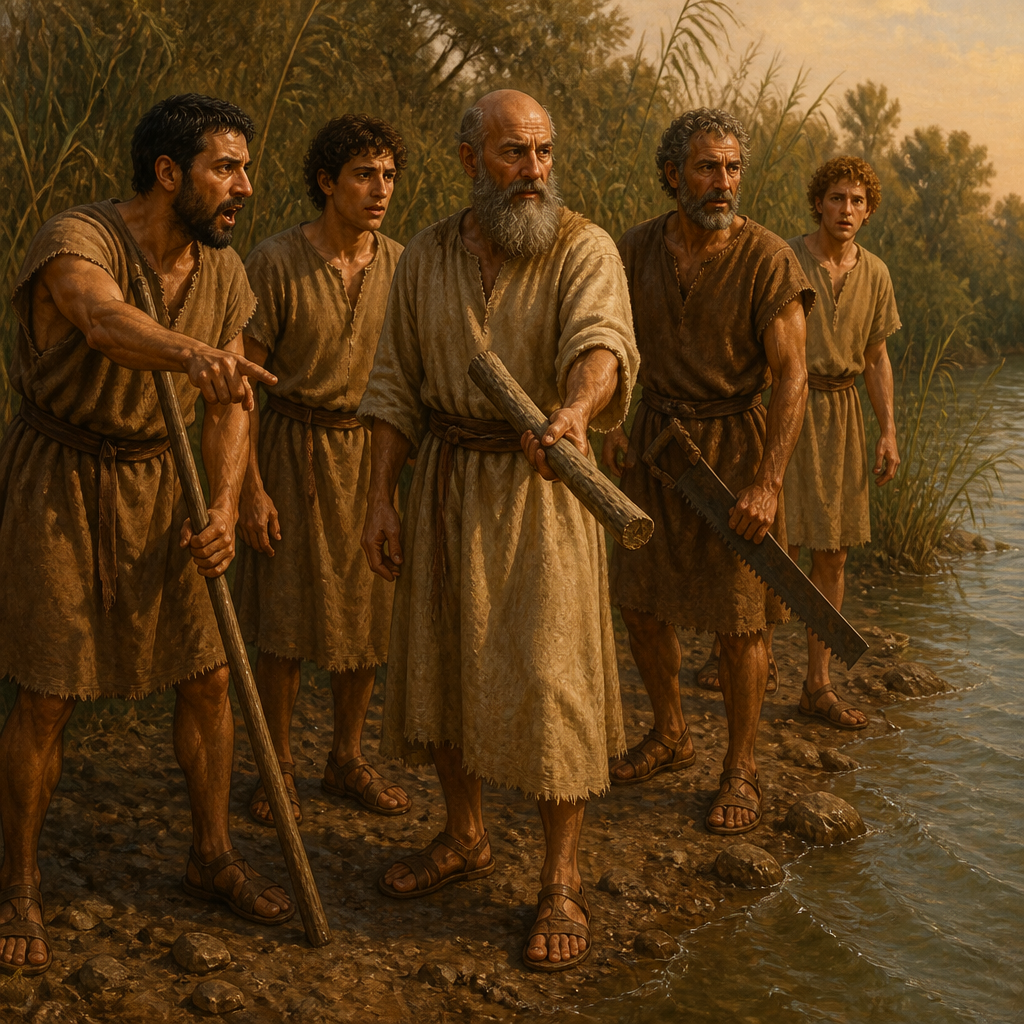 Oil-painting style scene of The Sons of the Prophets, figures from the Bible