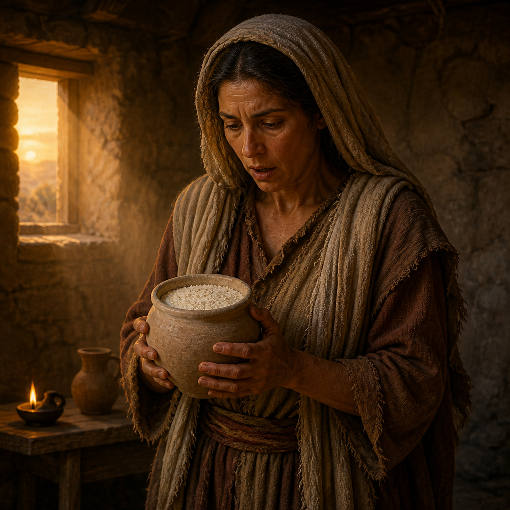 Oil-painting style portrait of The Widow of Zarephath, Widow who sustained Elijah and saw her son raised from the dead