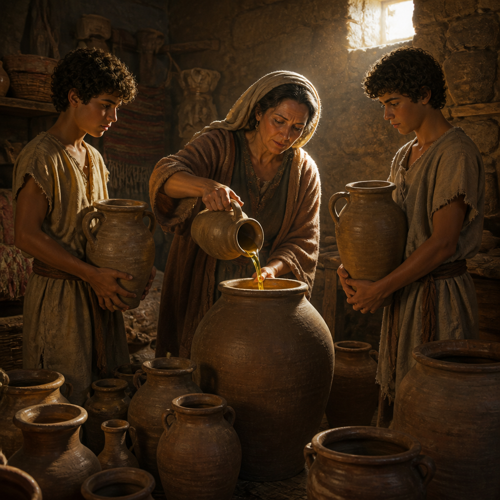 Oil-painting style portrait of The Widow with the Jar of Oil, Widow who experienced the miraculous multiplication of oil through the prophet Elisha