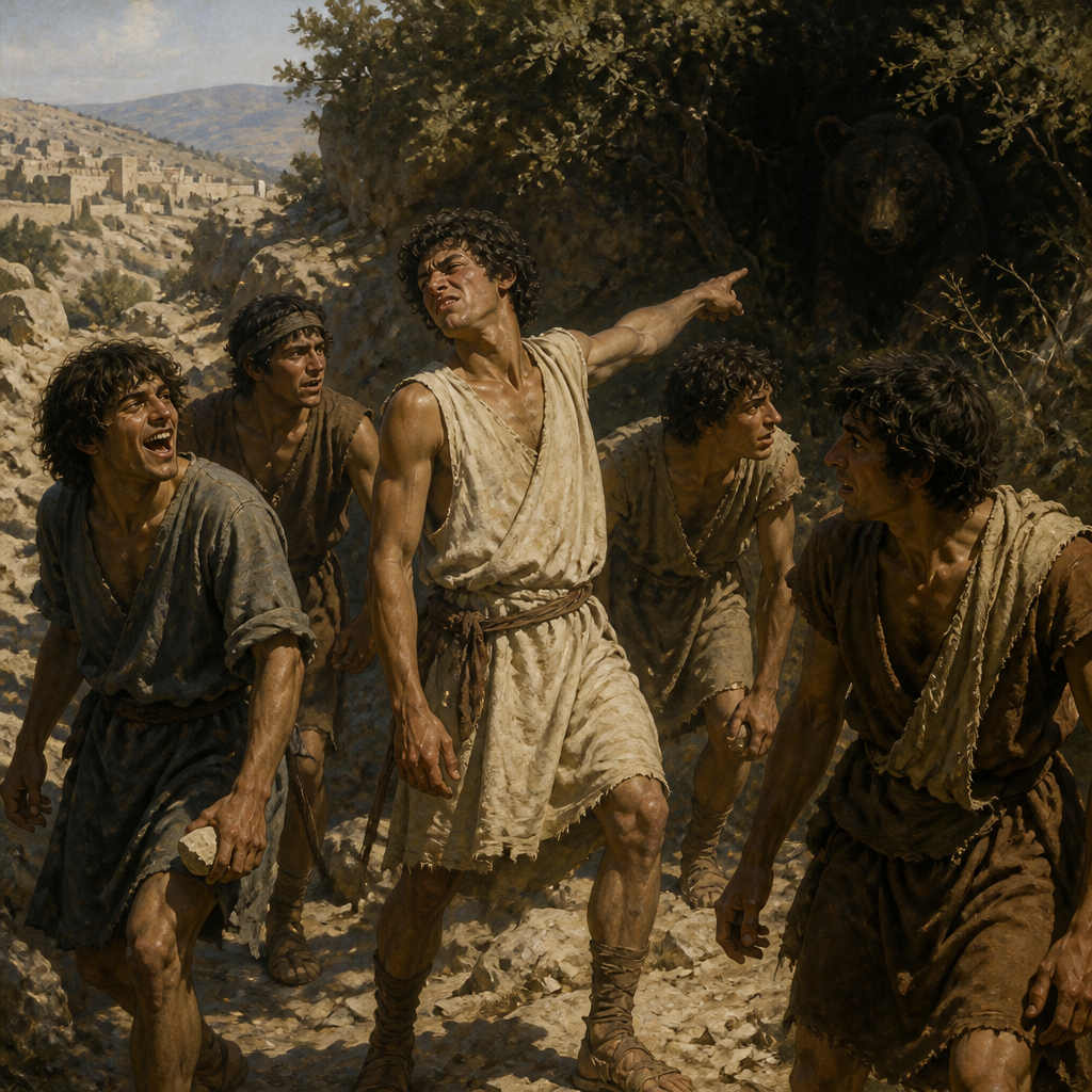 Oil-painting style scene of The Youths Who Mocked Elisha, figures from the Bible
