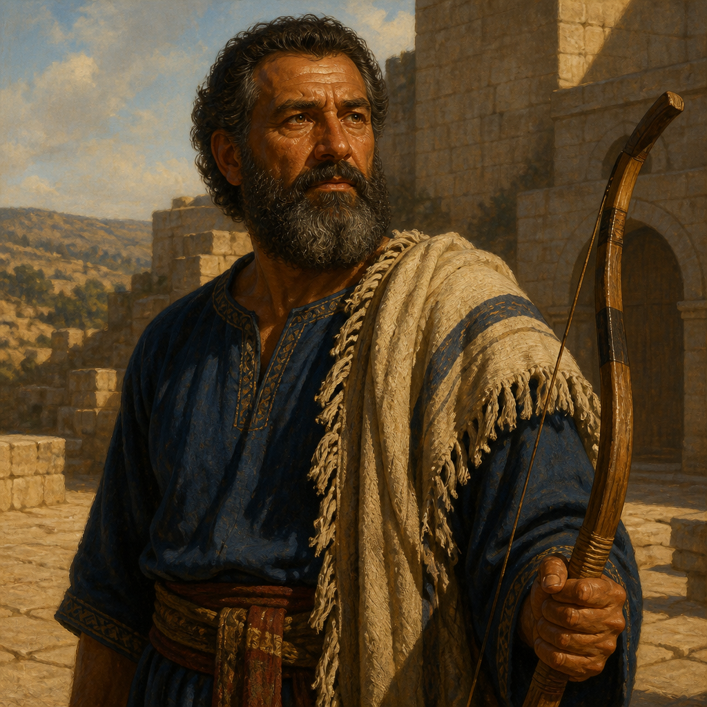 Oil-painting style portrait of Ulam, Descendant of Saul, Benjamite leader whose 150 descendants were renowned as mighty archers