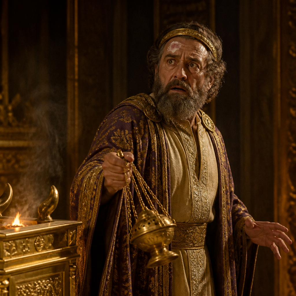 Oil-painting style portrait of Uzziah, King of Judah, King of Judah struck with leprosy for attempting to burn incense in the Temple
