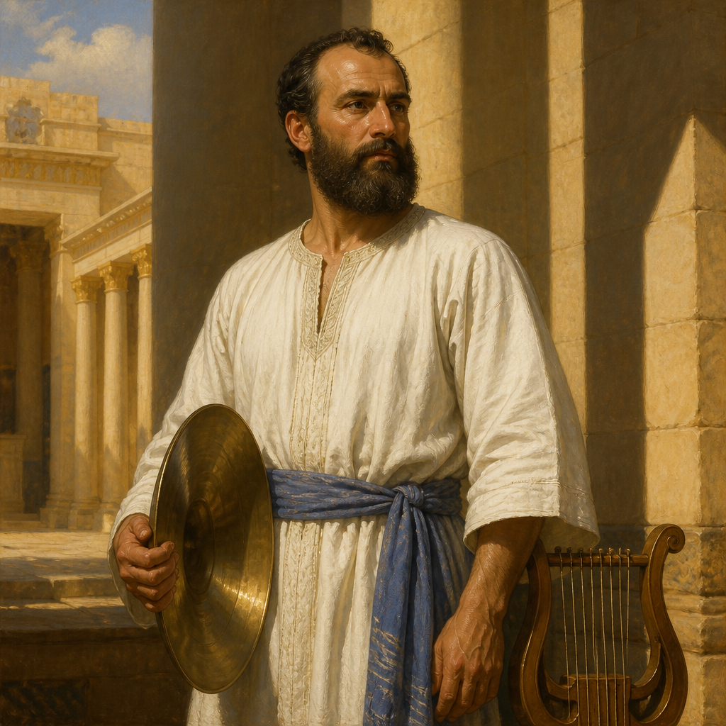 Oil-painting style portrait of Uzziel, Son of Heman the Singer, Levite musician and son of Heman who was assigned the eleventh lot of temple service