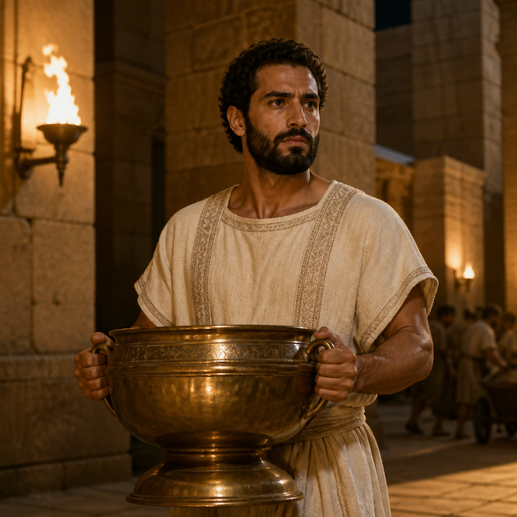 Oil-painting style portrait of Uzziel, Son of Jeduthun, Levite who assisted King Hezekiah in the cleansing and sanctification of the Temple