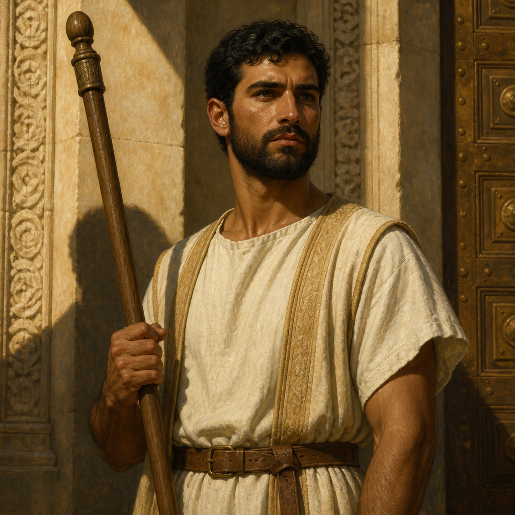 Oil-painting style portrait of Zebadiah, Son of Meshelemiah, Levite gatekeeper and third son of Meshelemiah