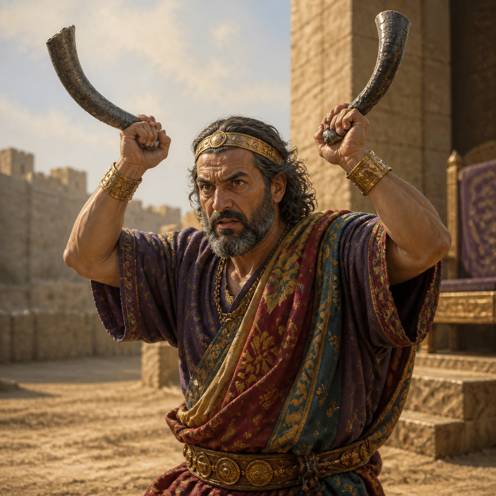 Oil-painting style portrait of Zedekiah son of Chenaanah, Prophet who used iron horns to predict Ahab's victory and struck Micaiah in the face