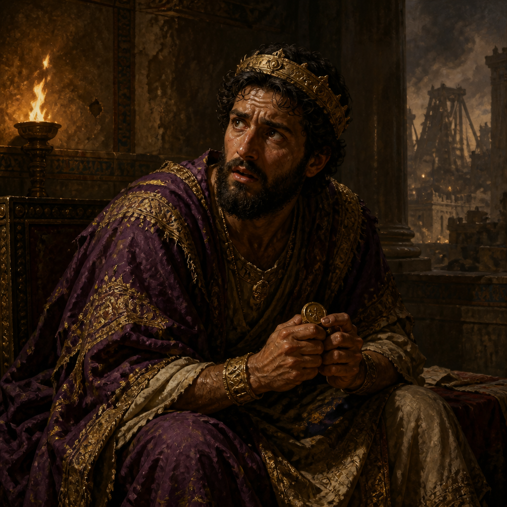 Oil-painting style portrait of Zedekiah, Last King of Judah, Last King of Judah who witnessed the destruction of Jerusalem and the Temple