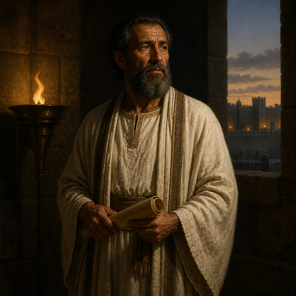 Oil-painting style portrait of Zephaniah, Priest of the Divided Monarchy, Priest of the second rank who served as King Zedekiah's messenger to Jeremiah and was later executed by the Babylonians