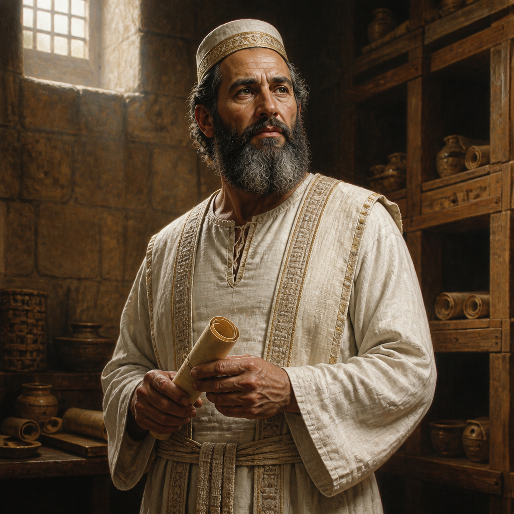 Oil-painting style portrait of Zerahiah, Levite of the Divided Monarchy, Levite priest in the high priestly line of Eleazar and ancestor of Ezra the Scribe