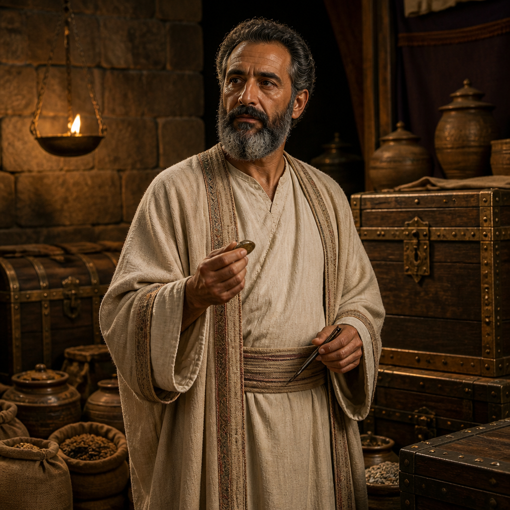 Oil-painting style portrait of Zetham, Levite treasurer who managed the house of the LORD during King David's reign