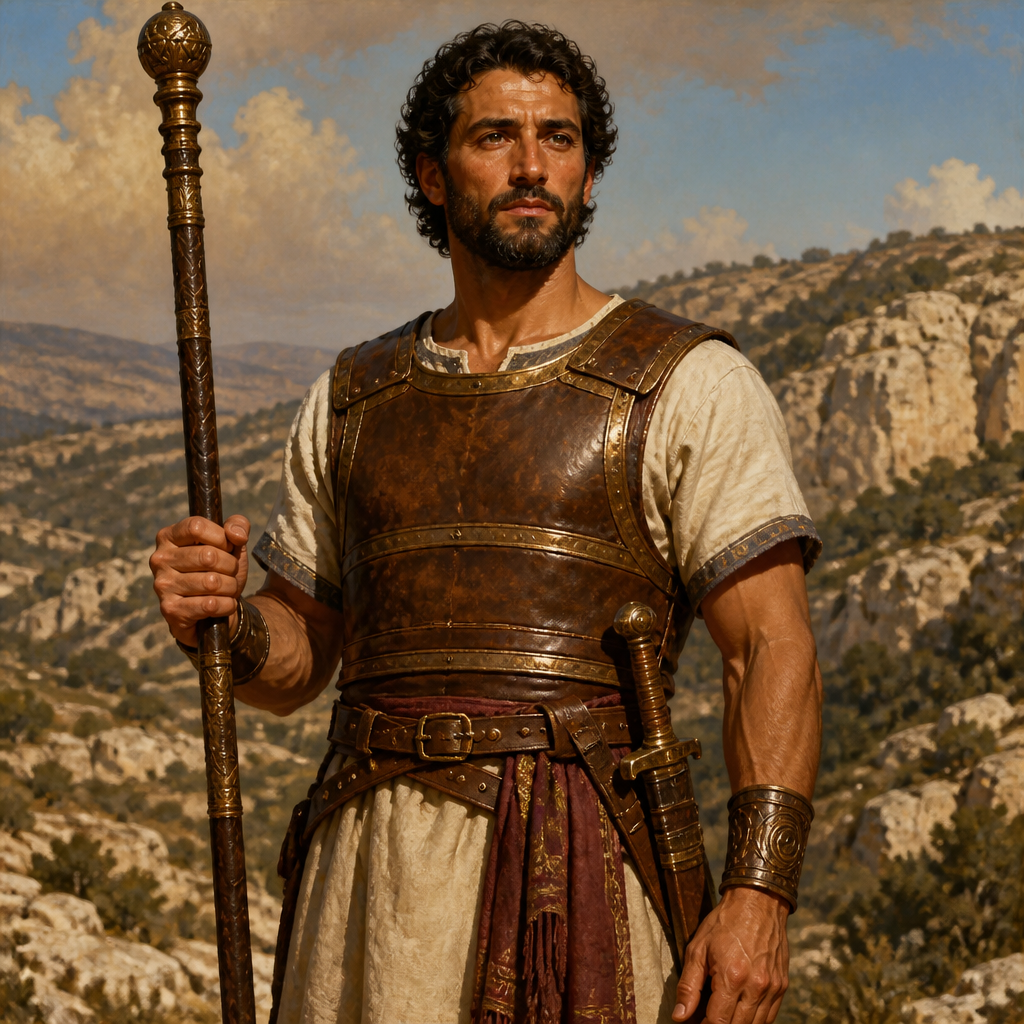 Oil-painting style portrait of Zethan, Son of Bilhan and a leader within the tribe of Benjamin