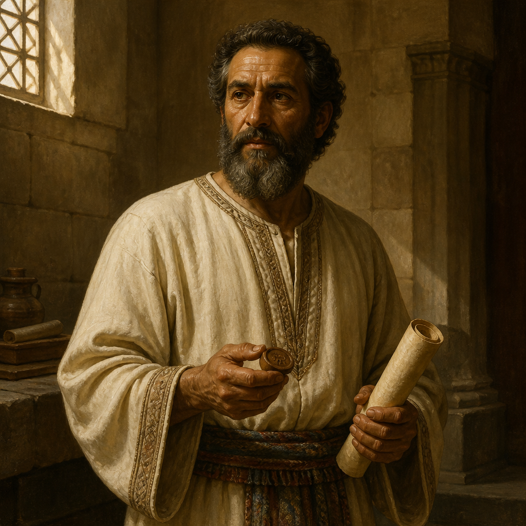 Oil-painting style portrait of Zichri, Levite of the Divided Monarchy, Levite of the line of Eliezer who was the father of the treasurer Shelomoth