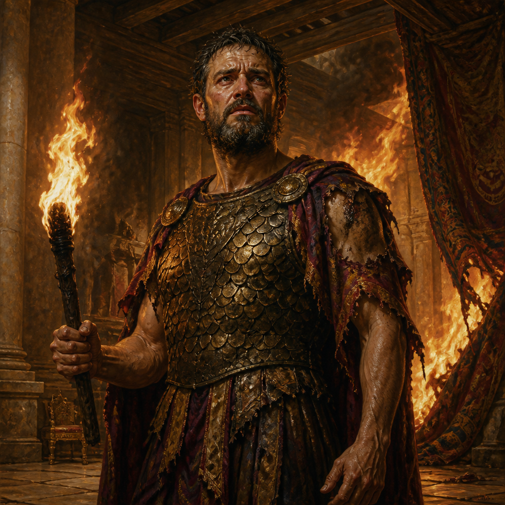 Oil-painting style portrait of Zimri, King of Israel, King of Israel who reigned for only seven days and died by suicide in his burning palace
