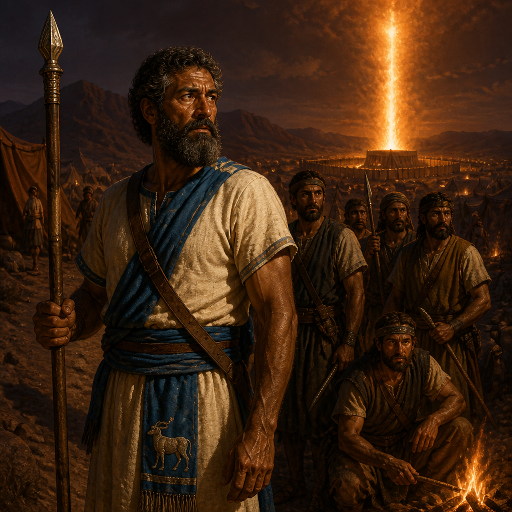 Oil-painting style scene of Ahiezer, Prince of the Tribe of Dan, figures from the Bible