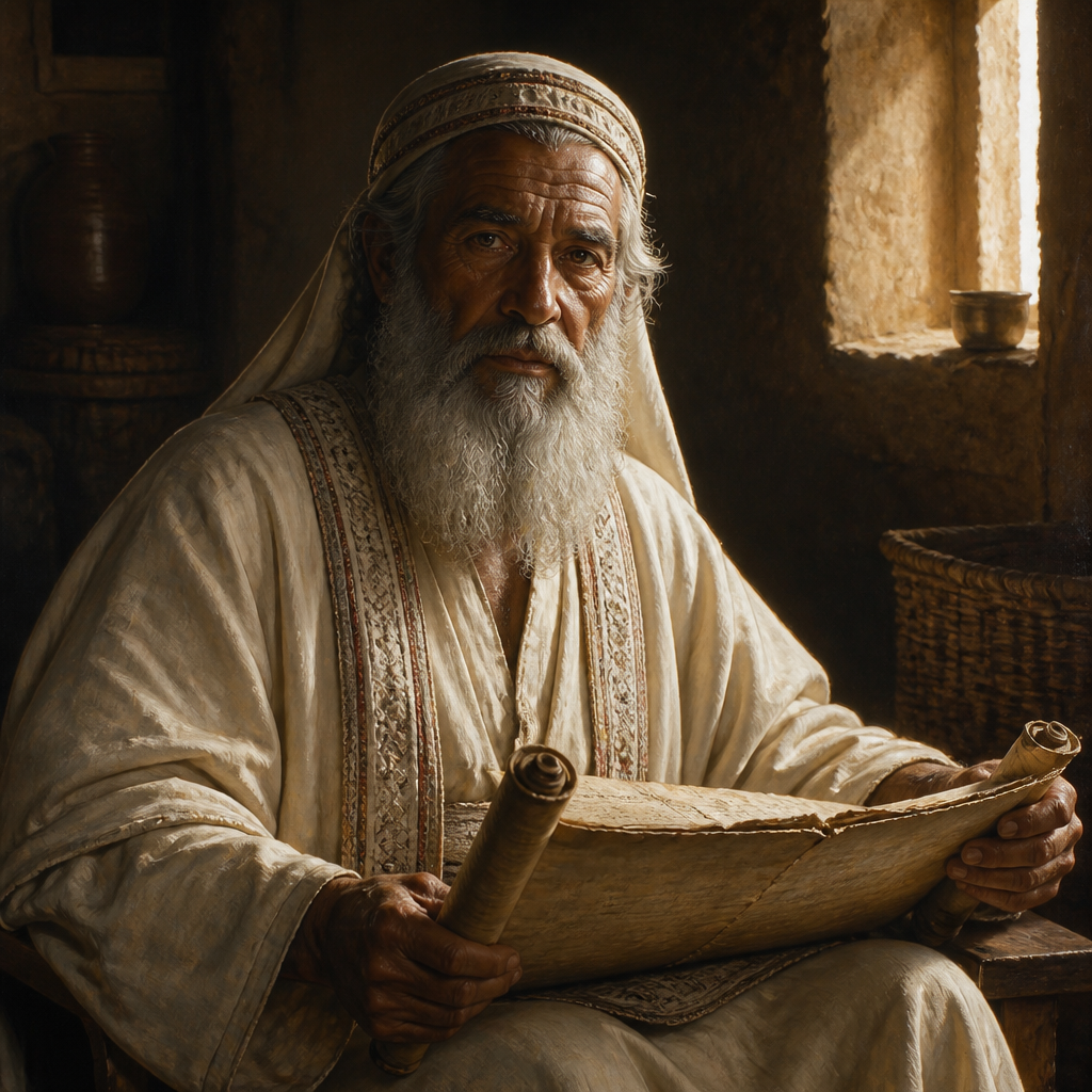 Oil-painting style portrait of Amram, Father of Moses, father of Moses, Aaron, and Miriam who lived 137 years in Egypt