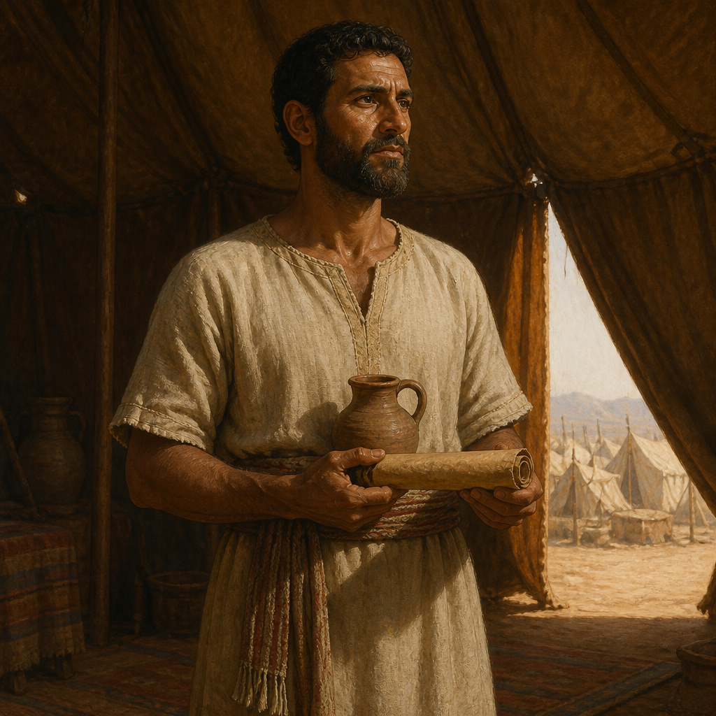 Oil-painting style portrait of Assir, Son of Ebiasaph, Levite descendant of Kohath who maintained the priestly lineage during the Wilderness era