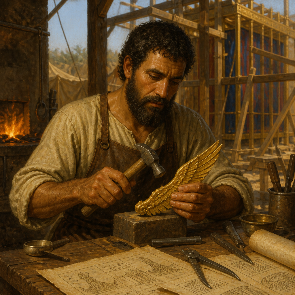 Oil-painting style portrait of Bezalel, Artisan of the Tabernacle, Craftsman filled with the Spirit of God who built the Ark of the Covenant and the Tabernacle