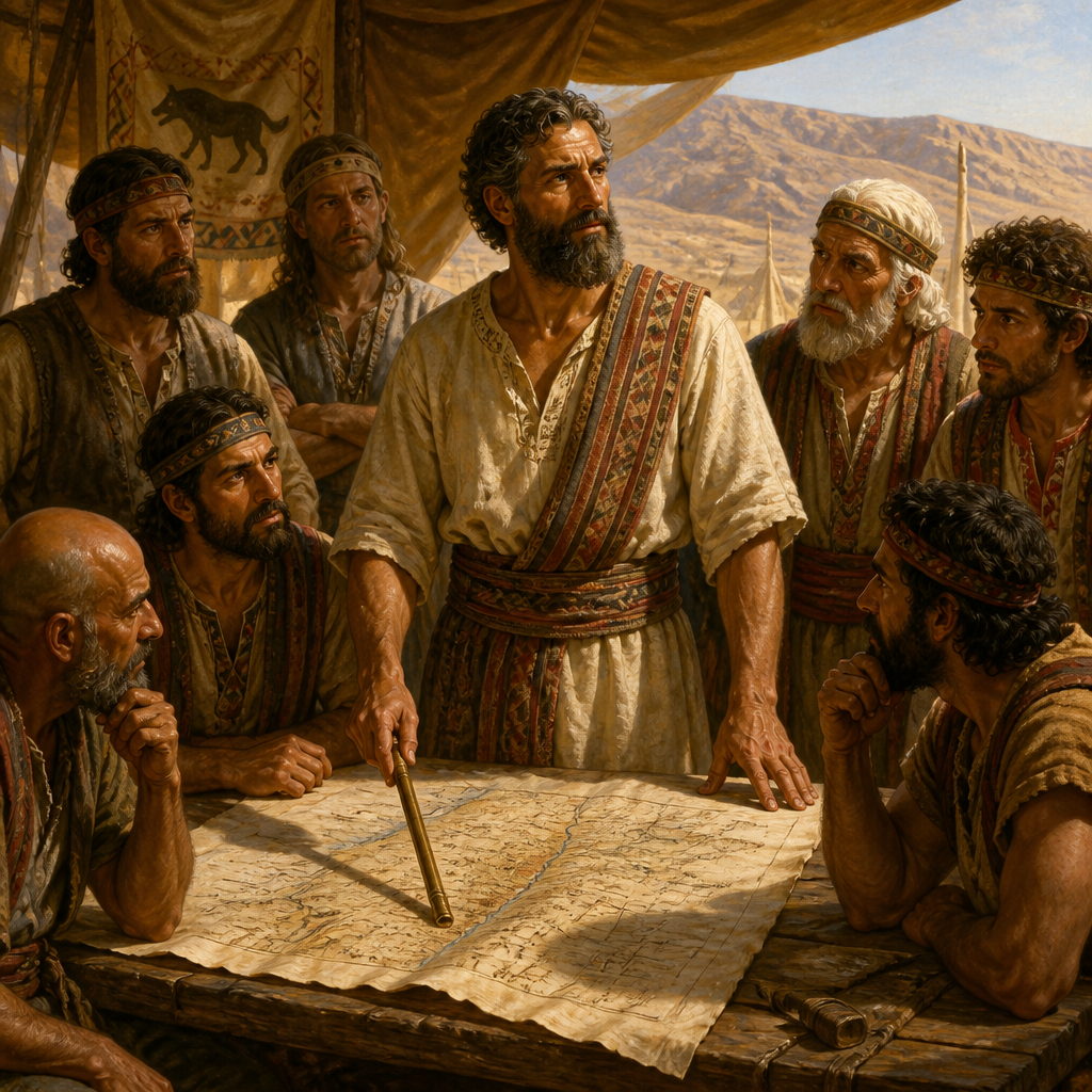 Oil-painting style scene of Bukki, Leader from the Tribe of Dan, figures from the Bible