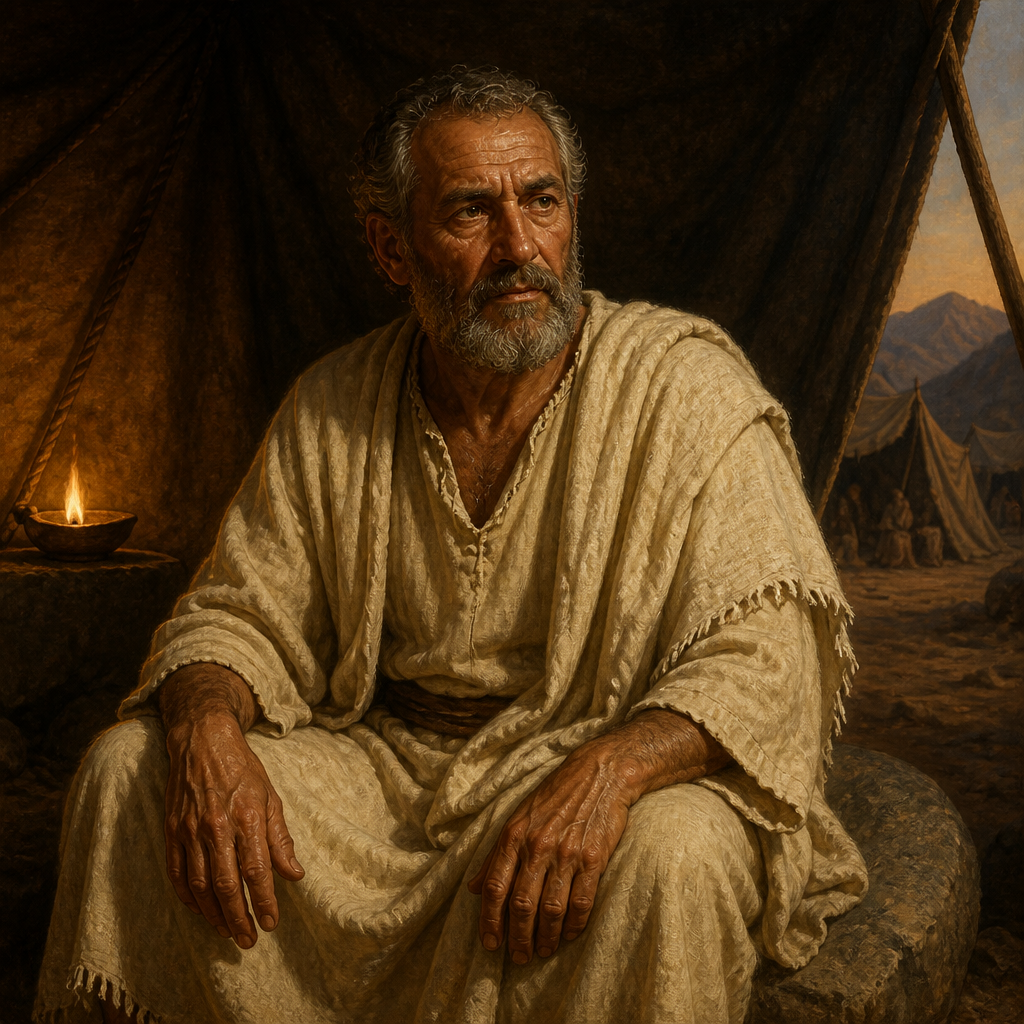 Oil-painting style portrait of Chislon, father of Elidad the Benjamite leader