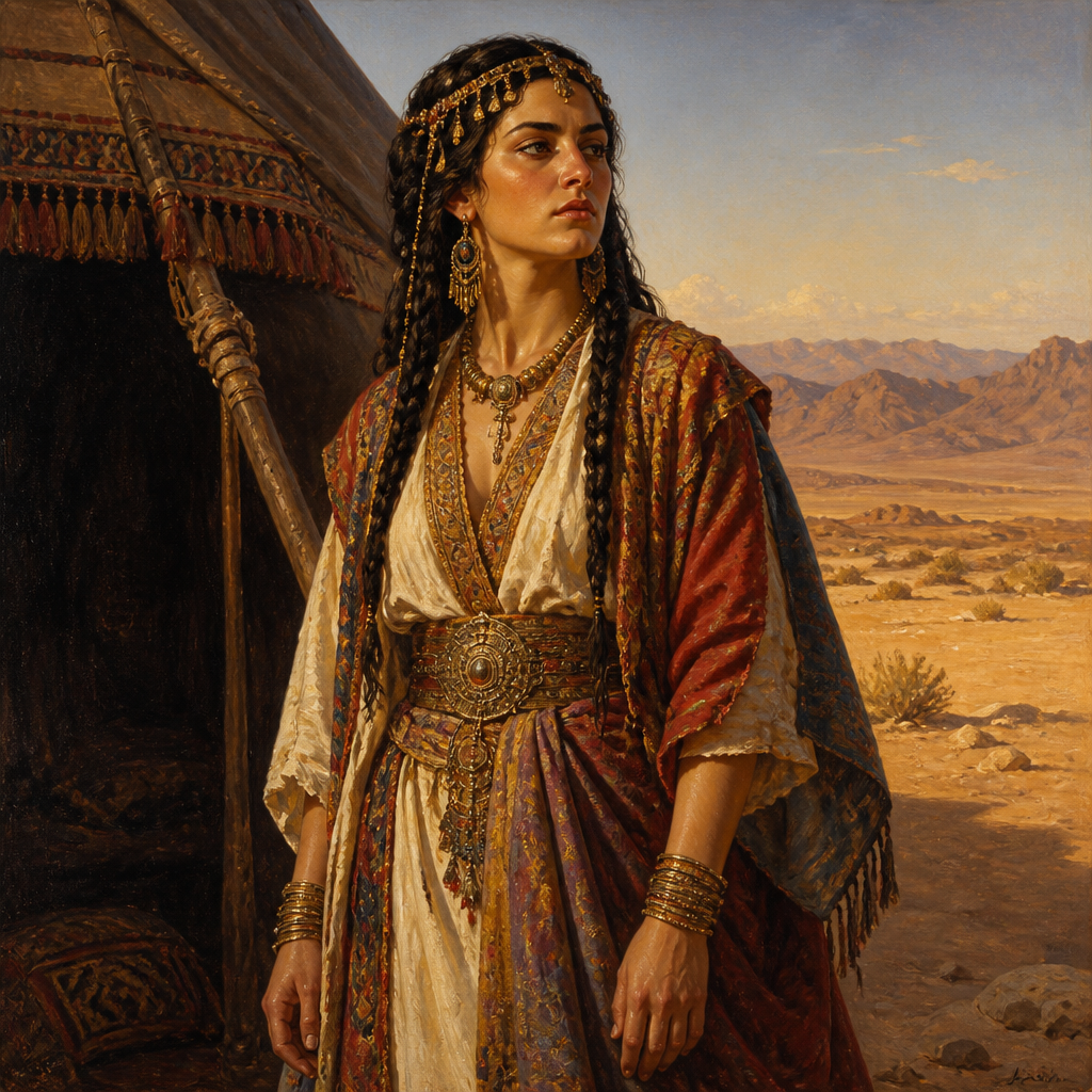 Oil-painting style portrait of Cozbi, Midianite woman whose death at the hands of Phinehas ended a plague in Israel