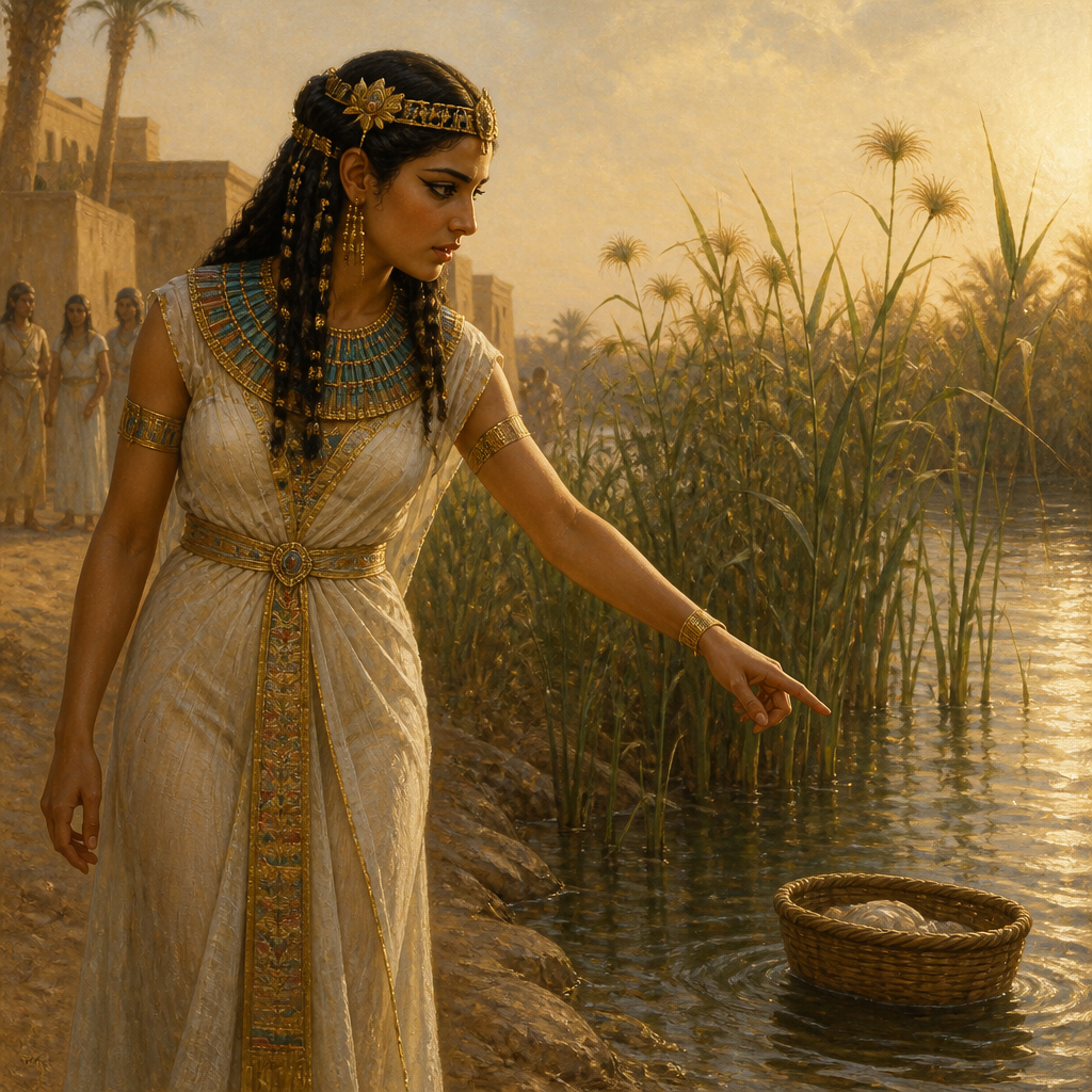 Oil-painting style portrait of Daughter of Pharaoh, Rescuer of Moses, Egyptian princess who rescued the infant Moses from the Nile