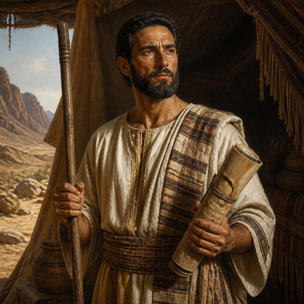 Oil-painting style portrait of Ibsam, Son of Tola and a head of his family within the tribe of Issachar