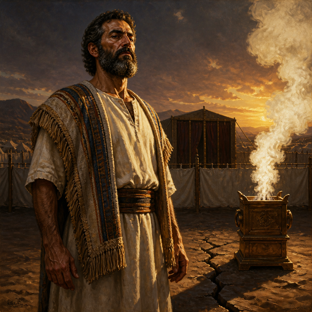 Oil-painting style portrait of Korah, Levite of the Exodus, Levite who led a rebellion against Moses and Aaron and was swallowed by the earth