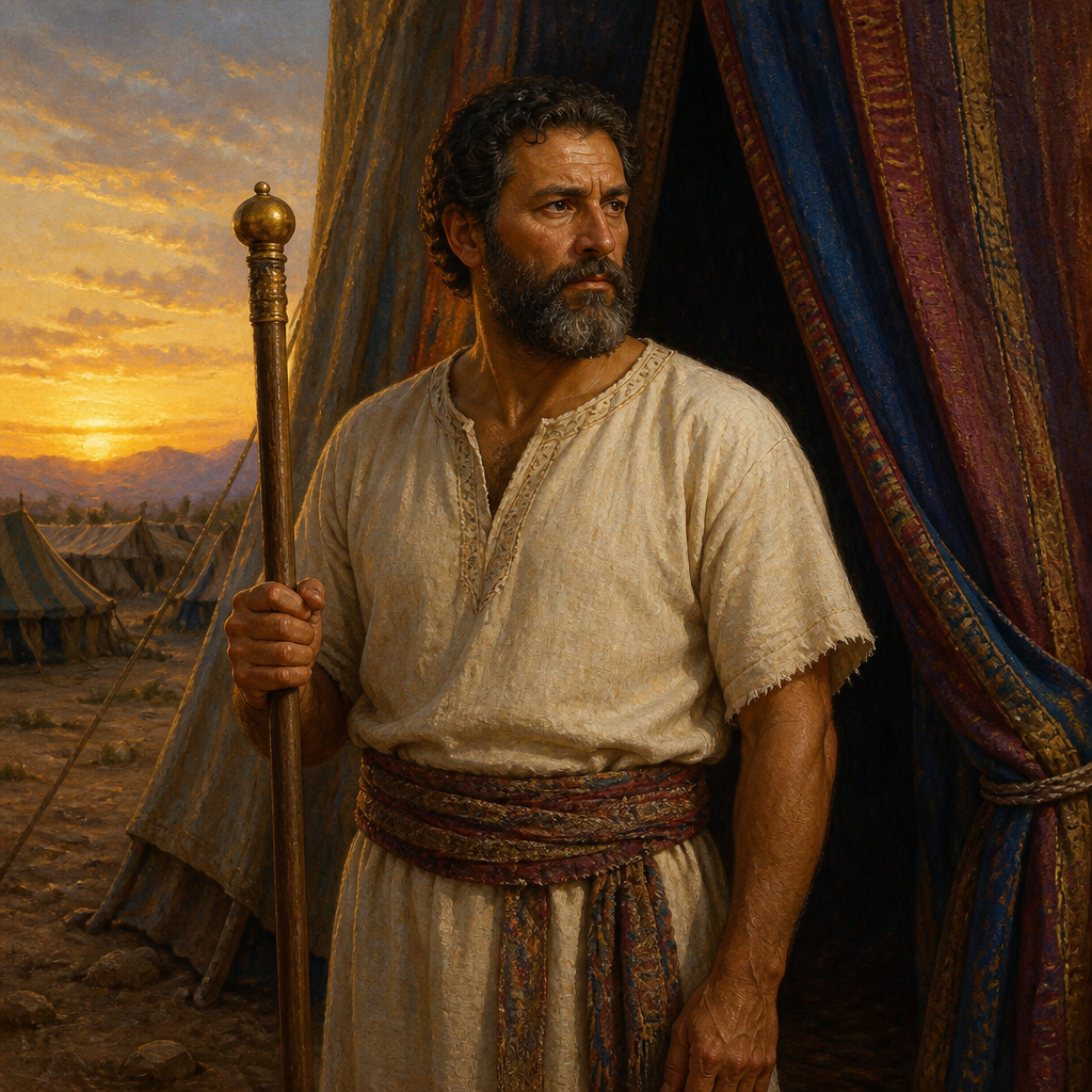 Oil-painting style portrait of Kore, Levite of the Egypt and Wilderness Era, Levite patriarch of the Korahite gatekeepers whose descendants guarded the Tabernacle thresholds