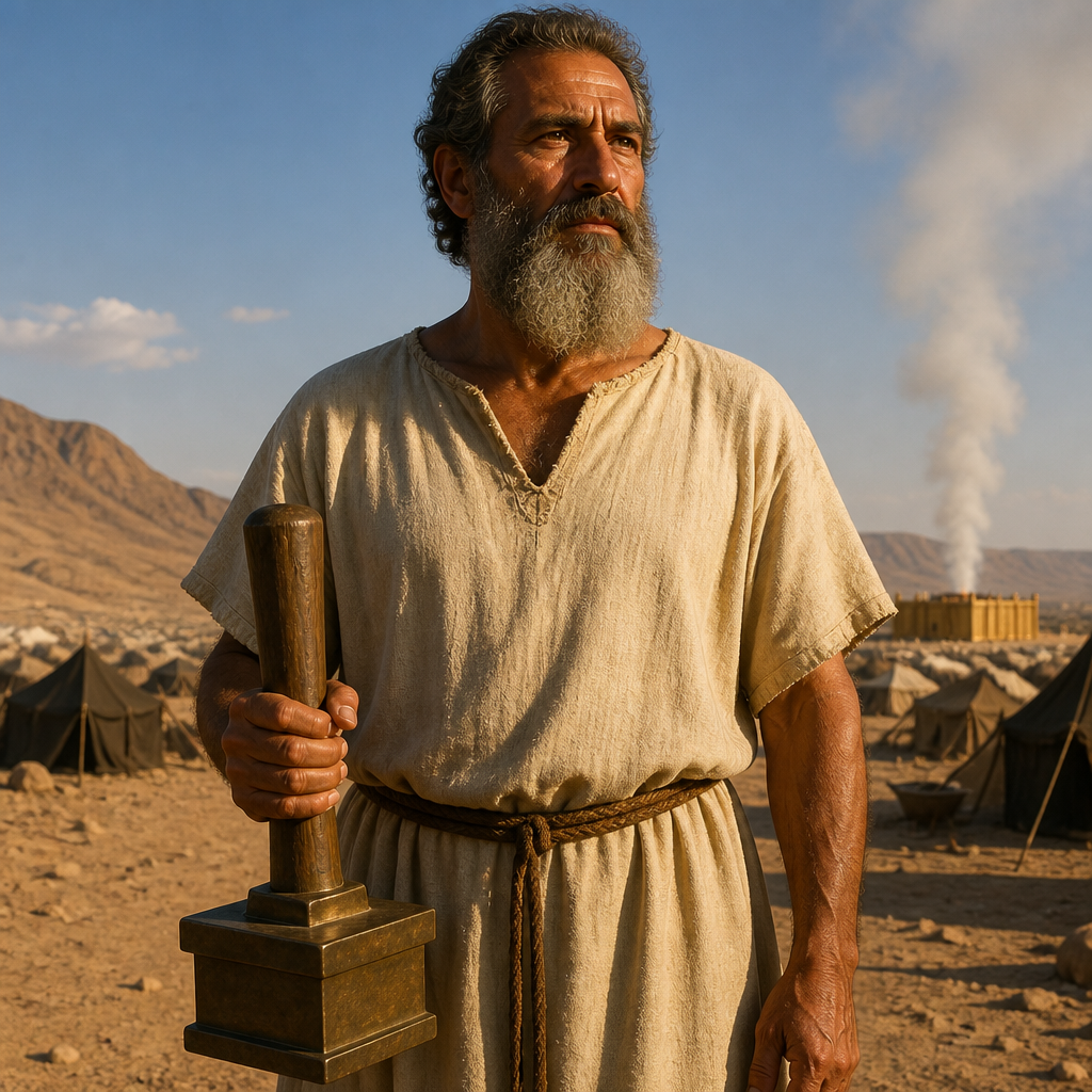 Oil-painting style portrait of Mahli, Son of Merari, Patriarch of the Mahlite clan within the tribe of Levi