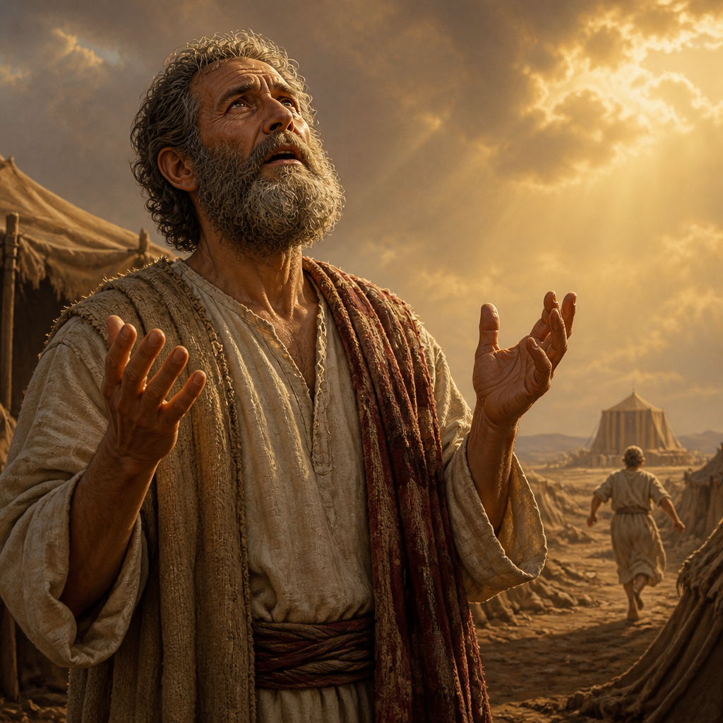 Oil-painting style portrait of Medad, Elder who prophesied in the Israelite camp despite missing the Tabernacle assembly