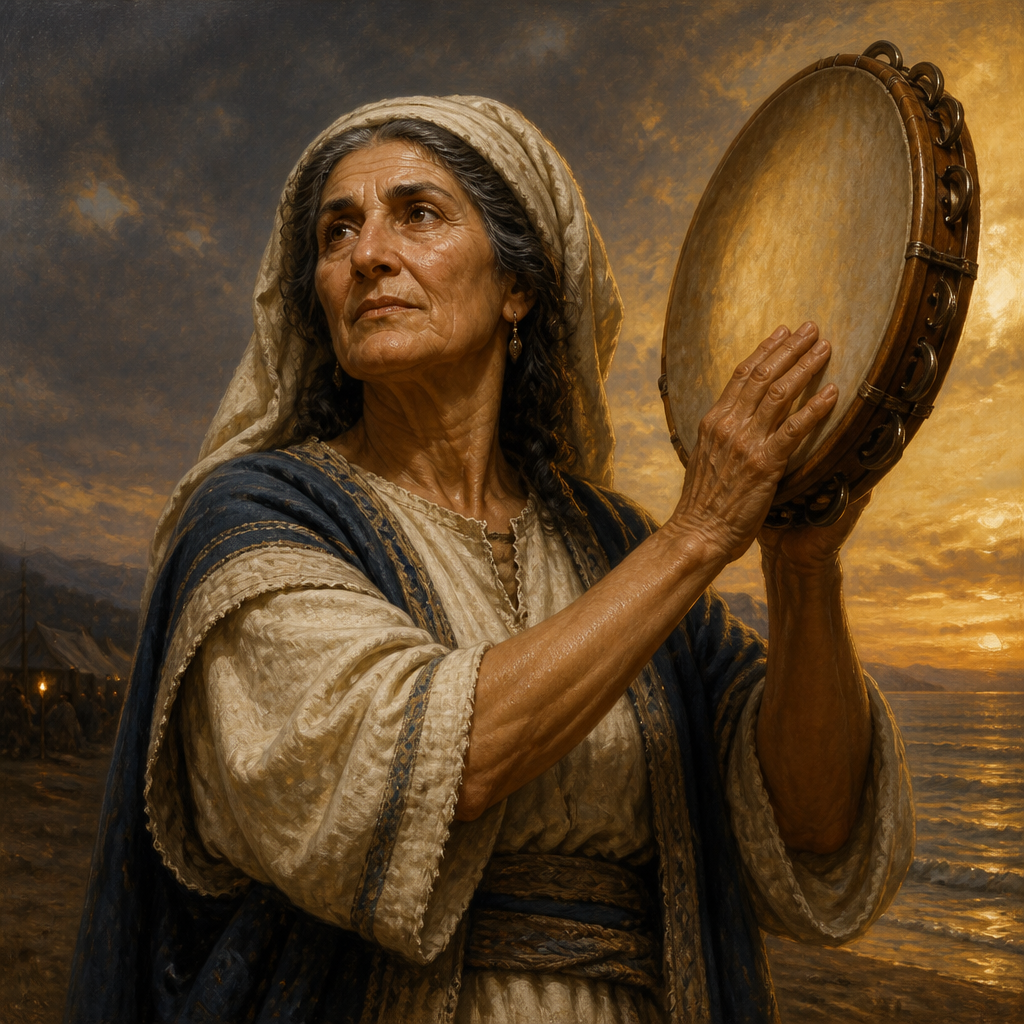 Oil-painting style portrait of Miriam, Prophetess and Sister of Moses, Prophetess and sister of Moses who led the Israelites in song after the Red Sea crossing