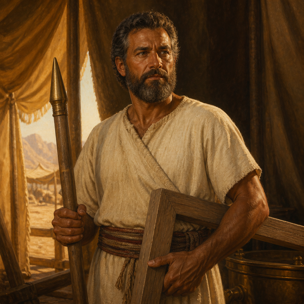 Oil-painting style portrait of Mushi, Levite patriarch and founder of the Mushite clan who served in the Tabernacle ministries