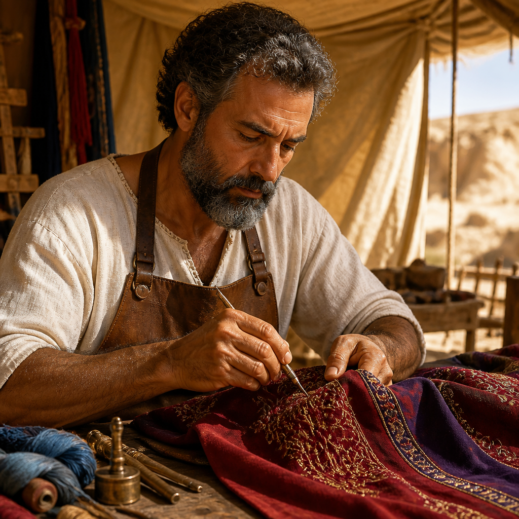 Oil-painting style portrait of Oholiab, Artisan from the tribe of Dan who assisted Bezalel in constructing the Tabernacle