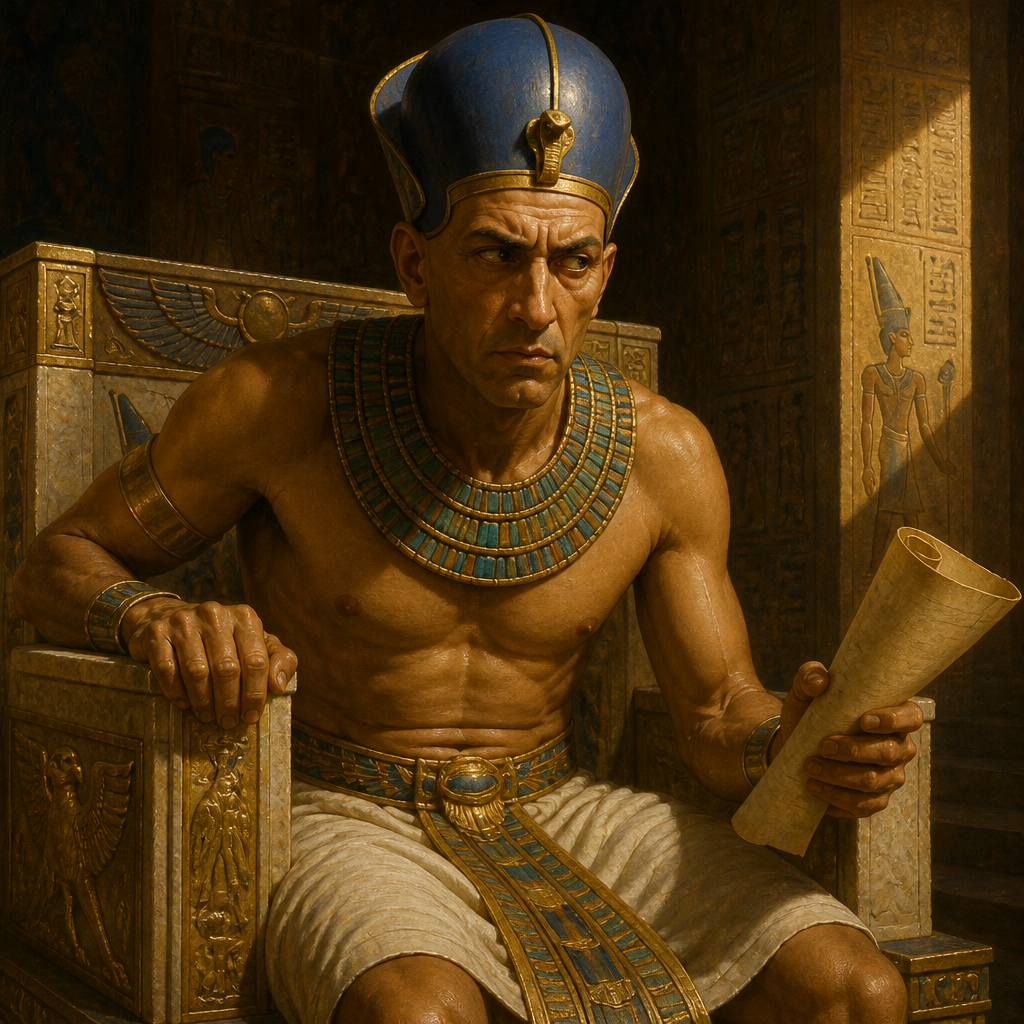 Oil-painting style portrait of Pharaoh, Oppressor of the Israelites, King of Egypt who enslaved the Israelites and ordered the drowning of Hebrew male infants