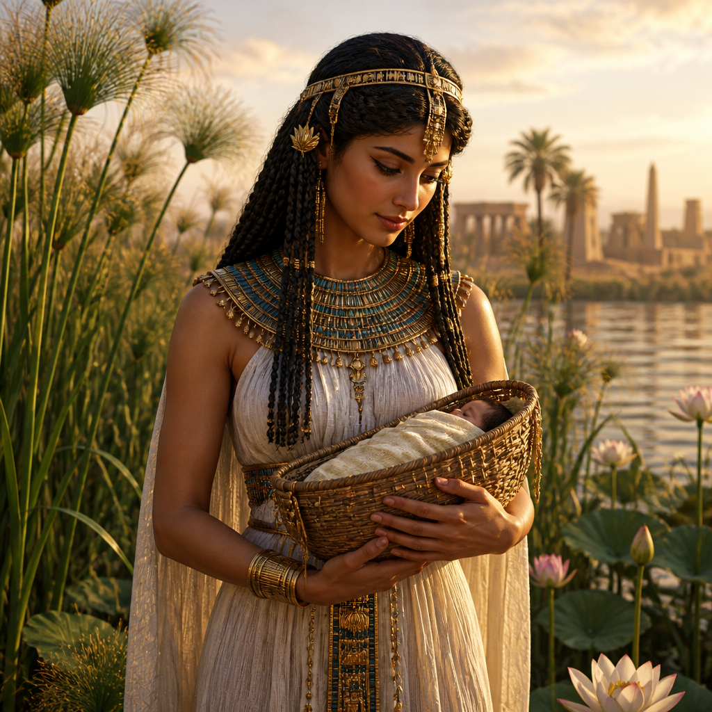Oil-painting style portrait of Pharaoh's Daughter Who Rescued Moses, Princess who found Moses in the Nile and raised him as her own son