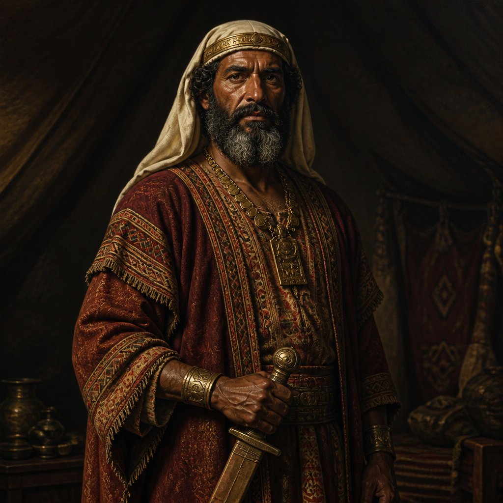 Oil-painting style portrait of Reba, King of Midian who was slain during the Israelite wilderness campaign