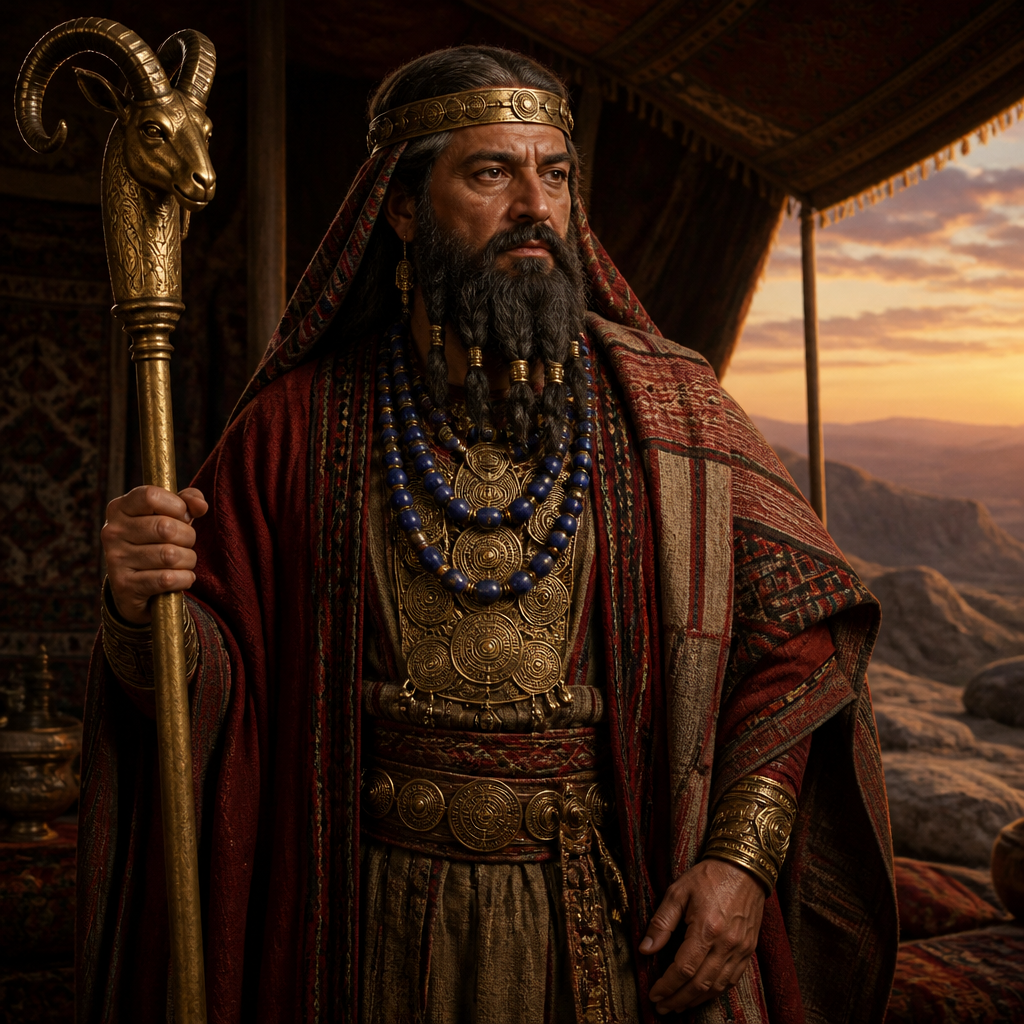Oil-painting style portrait of Rekem, King of Midian, King of Midian who was killed by the Israelites during the wilderness wanderings