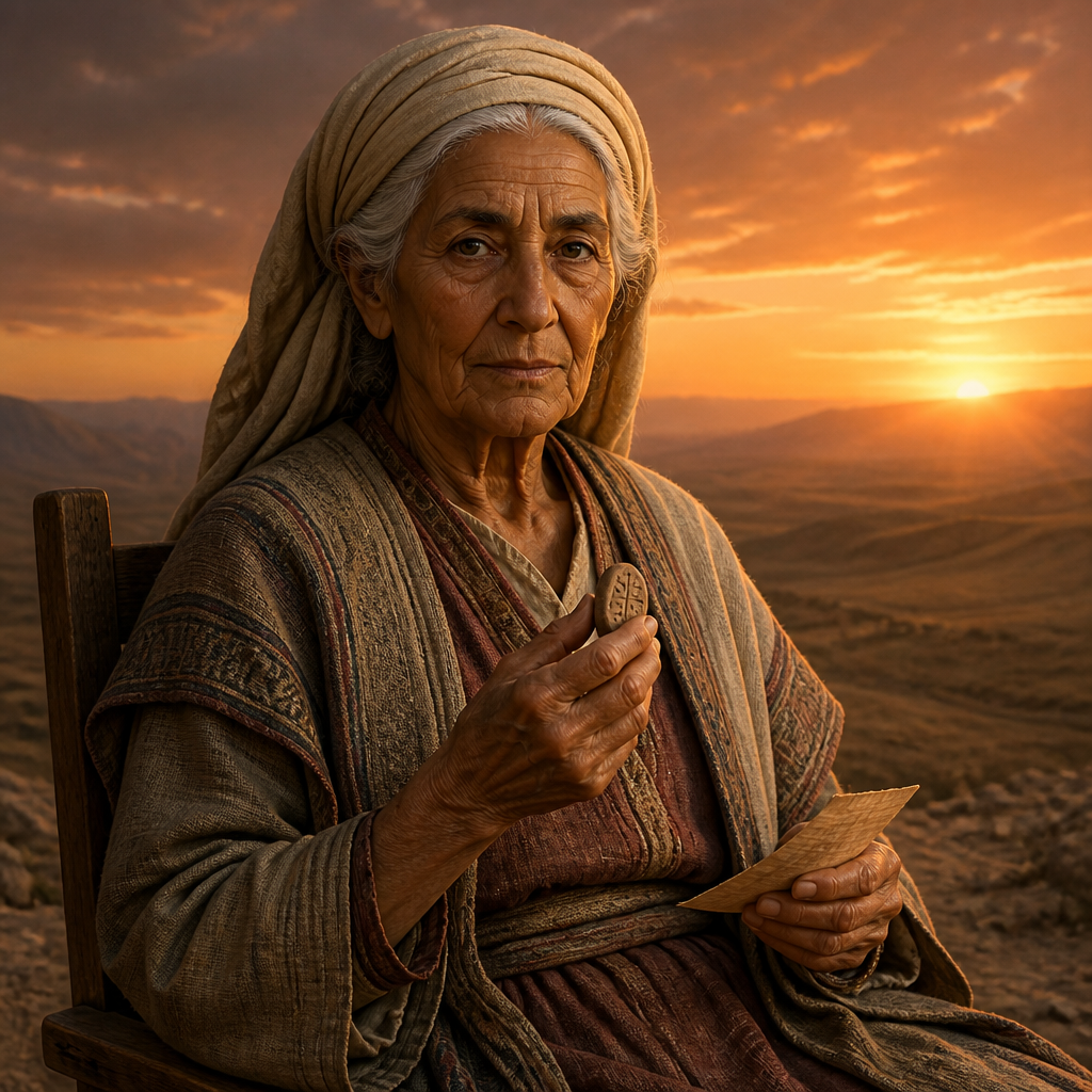 Oil-painting style portrait of Serah, Daughter of Asher who appears in both the migration to Egypt and the Exodus census