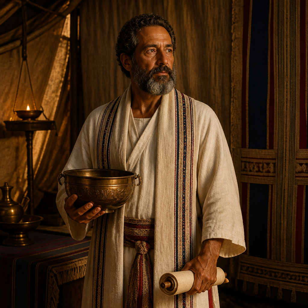 Oil-painting style portrait of Shelomith, Levite Son of Izhar, Levite leader and first-born son of Izhar who headed a division of the Kohathites