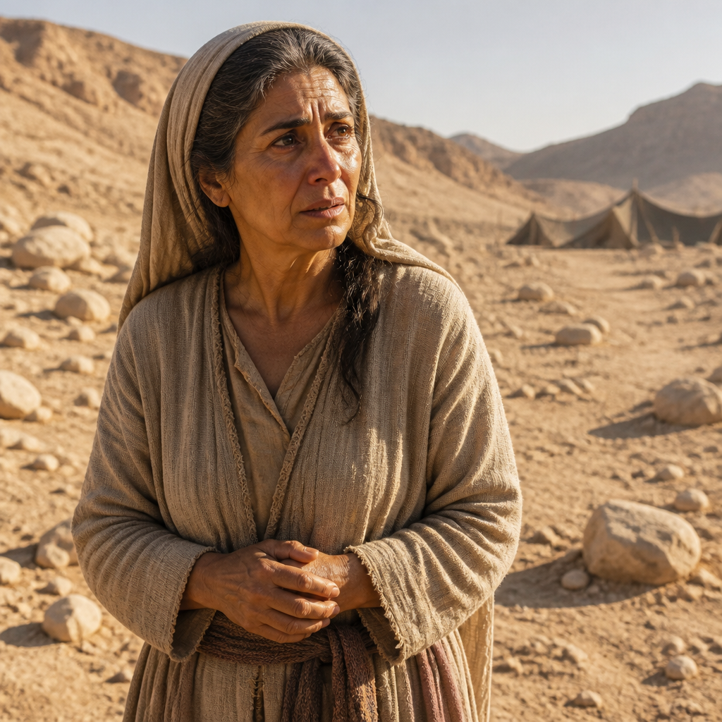 Oil-painting style portrait of Shelomith, Daughter of Dibri, Mother of the man executed for blasphemy in the wilderness