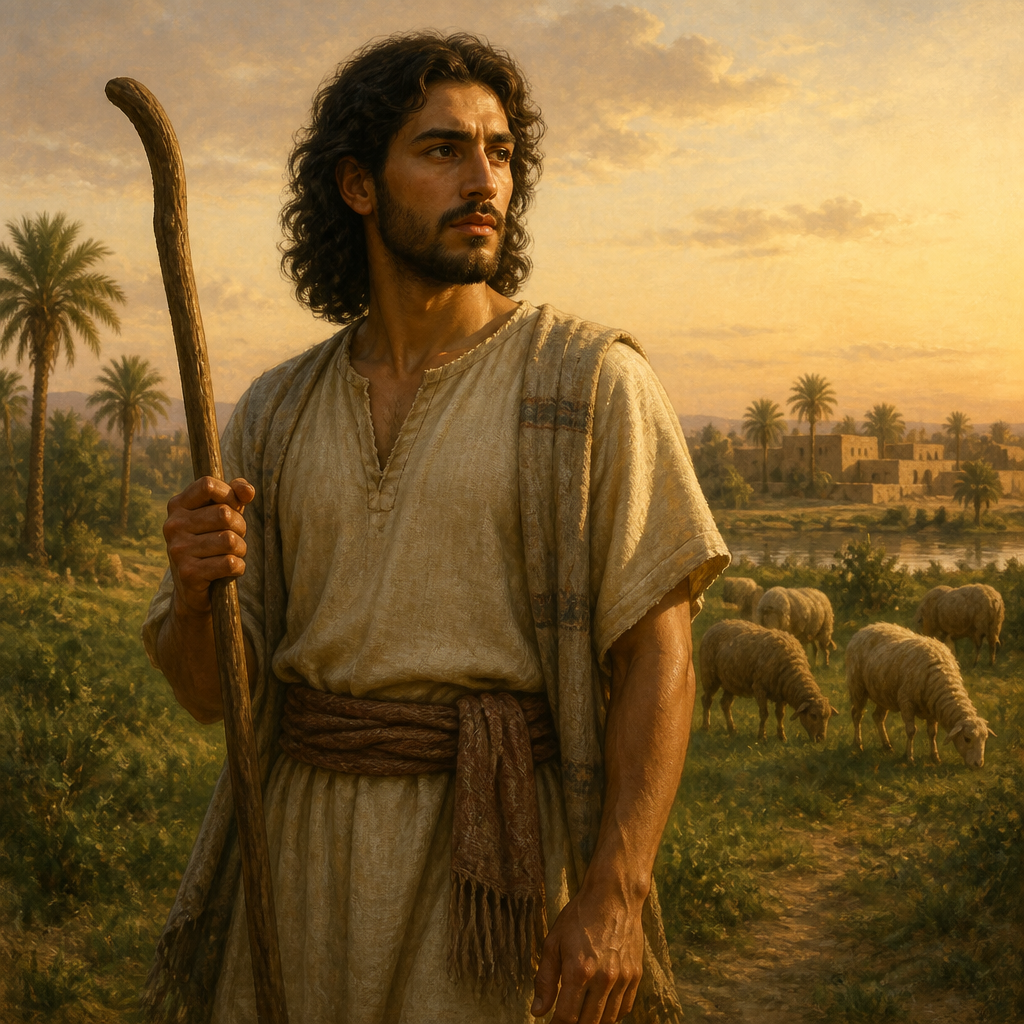 Oil-painting style portrait of Shuni, Son of Gad and founder of the Shunite clan